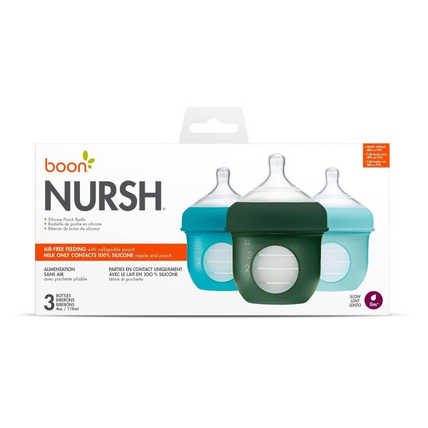 Boon Nursh Reusable Silicone Pouch Baby Bottles - Slow Flow Nipple - Silicone Baby Bottle Pouch and Nipple - Baby Feeding Essentials - Color Block - 0-3 Months - 3 Count - 4 Ounce - Image 13