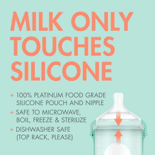 Boon Nursh Reusable Silicone Pouch Baby Bottles - Slow Flow Nipple - Silicone Baby Bottle Pouch and Nipple - Baby Feeding Essentials - Color Block - 0-3 Months - 3 Count - 4 Ounce - Image 15