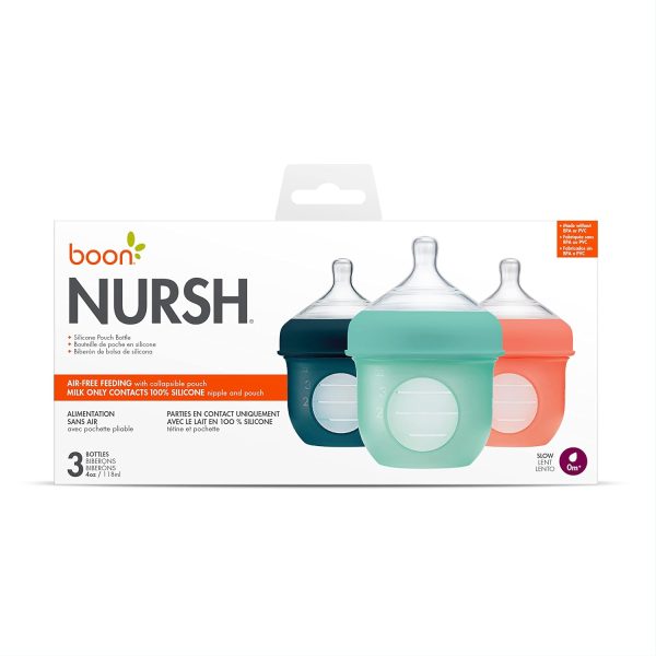 Boon Nursh Reusable Silicone Pouch Baby Bottles - Slow Flow Nipple - Silicone Baby Bottle Pouch and Nipple - Baby Feeding Essentials - Color Block - 0-3 Months - 3 Count - 4 Ounce - Image 20