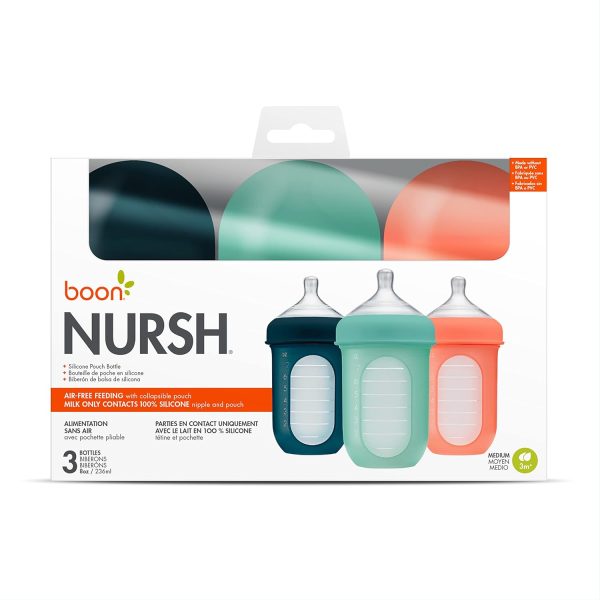 Boon Nursh Reusable Silicone Pouch Baby Bottles - Slow Flow Nipple - Silicone Baby Bottle Pouch and Nipple - Baby Feeding Essentials - Color Block - 0-3 Months - 3 Count - 4 Ounce - Image 26