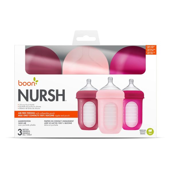 Boon Nursh Reusable Silicone Pouch Baby Bottles - Slow Flow Nipple - Silicone Baby Bottle Pouch and Nipple - Baby Feeding Essentials - Color Block - 0-3 Months - 3 Count - 4 Ounce - Image 33