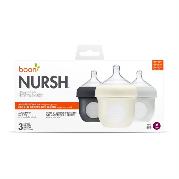 Boon Nursh Reusable Silicone Pouch Baby Bottles - Slow Flow Nipple - Silicone Baby Bottle Pouch and Nipple - Baby Feeding Essentials - Color Block - 0-3 Months - 3 Count - 4 Ounce - Image 40