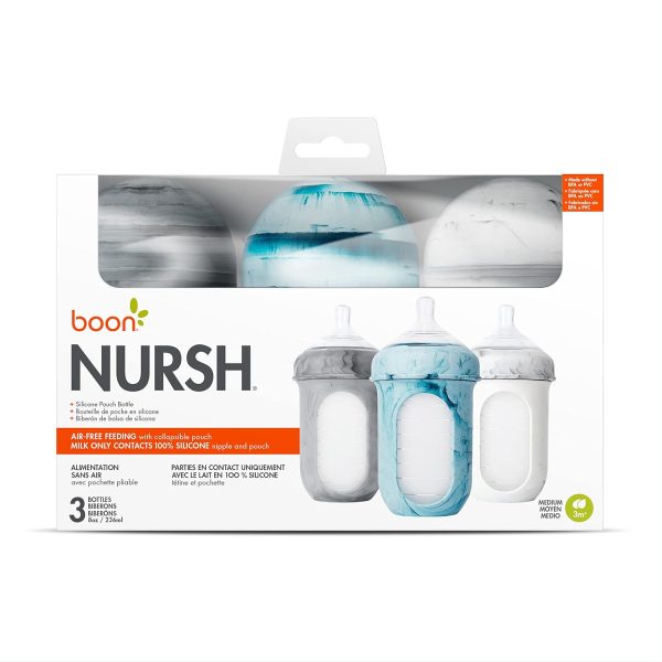 Boon Nursh Reusable Silicone Pouch Baby Bottles - Slow Flow Nipple - Silicone Baby Bottle Pouch and Nipple - Baby Feeding Essentials - Color Block - 0-3 Months - 3 Count - 4 Ounce - Image 47