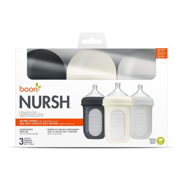 Boon Nursh Reusable Silicone Pouch Baby Bottles - Slow Flow Nipple - Silicone Baby Bottle Pouch and Nipple - Baby Feeding Essentials - Color Block - 0-3 Months - 3 Count - 4 Ounce - Image 64