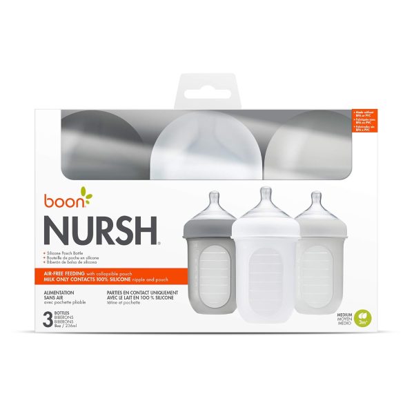 Boon Nursh Reusable Silicone Pouch Baby Bottles - Slow Flow Nipple - Silicone Baby Bottle Pouch and Nipple - Baby Feeding Essentials - Color Block - 0-3 Months - 3 Count - 4 Ounce - Image 67