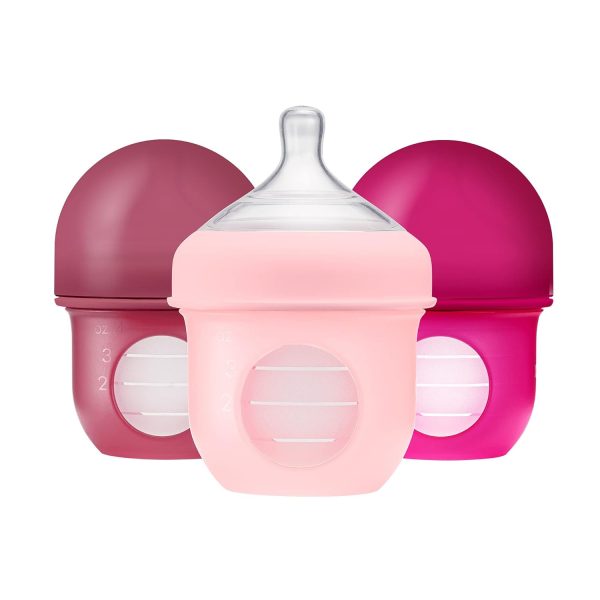 Boon Nursh Reusable Silicone Pouch Baby Bottles - Slow Flow Nipple - Silicone Baby Bottle Pouch and Nipple - Baby Feeding Essentials - Color Block - 0-3 Months - 3 Count - 4 Ounce - Image 73