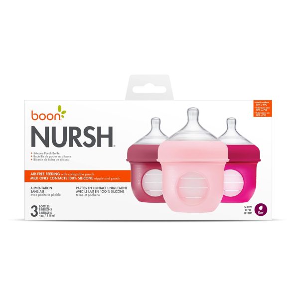 Boon Nursh Reusable Silicone Pouch Baby Bottles - Slow Flow Nipple - Silicone Baby Bottle Pouch and Nipple - Baby Feeding Essentials - Color Block - 0-3 Months - 3 Count - 4 Ounce - Image 76