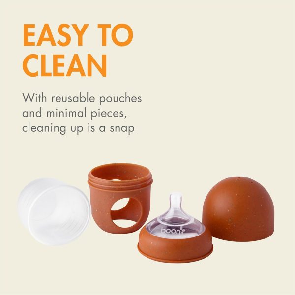 Boon Nursh Reusable Silicone Pouch Baby Bottles - Slow Flow Nipple - Silicone Baby Bottle Pouch and Nipple - Baby Feeding Essentials - Color Block - 0-3 Months - 3 Count - 4 Ounce - Image 82