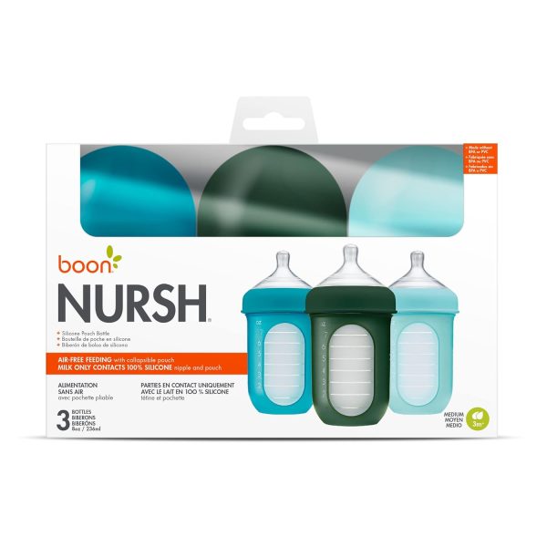 Boon Nursh Reusable Silicone Pouch Baby Bottles - Slow Flow Nipple - Silicone Baby Bottle Pouch and Nipple - Baby Feeding Essentials - Color Block - 0-3 Months - 3 Count - 4 Ounce - Image 89