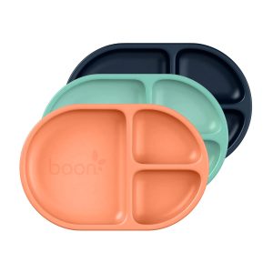 Boon CHOW Silicone Plate Set - 3 Unbreakable Divided Toddler Plates - Baby Plates for 6 Months and Up - Baby Led Weaning Supplies - Mint Multicolor