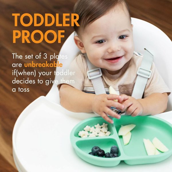 Boon CHOW Silicone Plate Set - 3 Unbreakable Divided Toddler Plates - Baby Plates for 6 Months and Up - Baby Led Weaning Supplies - Mint Multicolor - Image 3