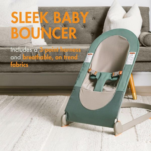 Boon Slant Portable Baby Bouncer - Folding Baby Seat for Infants - Lightweight Portable Baby Chair with Machine Washable Fabric and 3-Point Harness - Dark Green - Image 2