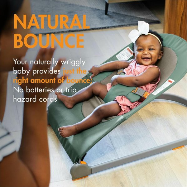 Boon Slant Portable Baby Bouncer - Folding Baby Seat for Infants - Lightweight Portable Baby Chair with Machine Washable Fabric and 3-Point Harness - Dark Green - Image 3